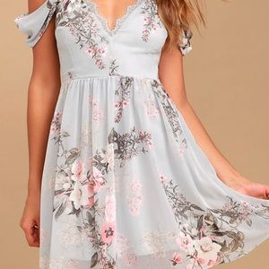 Light Blue Floral Off-the-Shoulder Lace Dress, XL